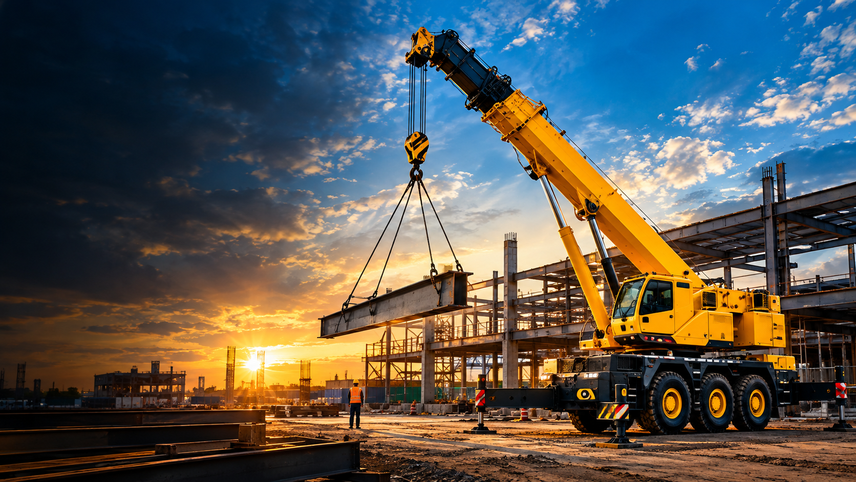 Crane lifting steel at an industrial project
